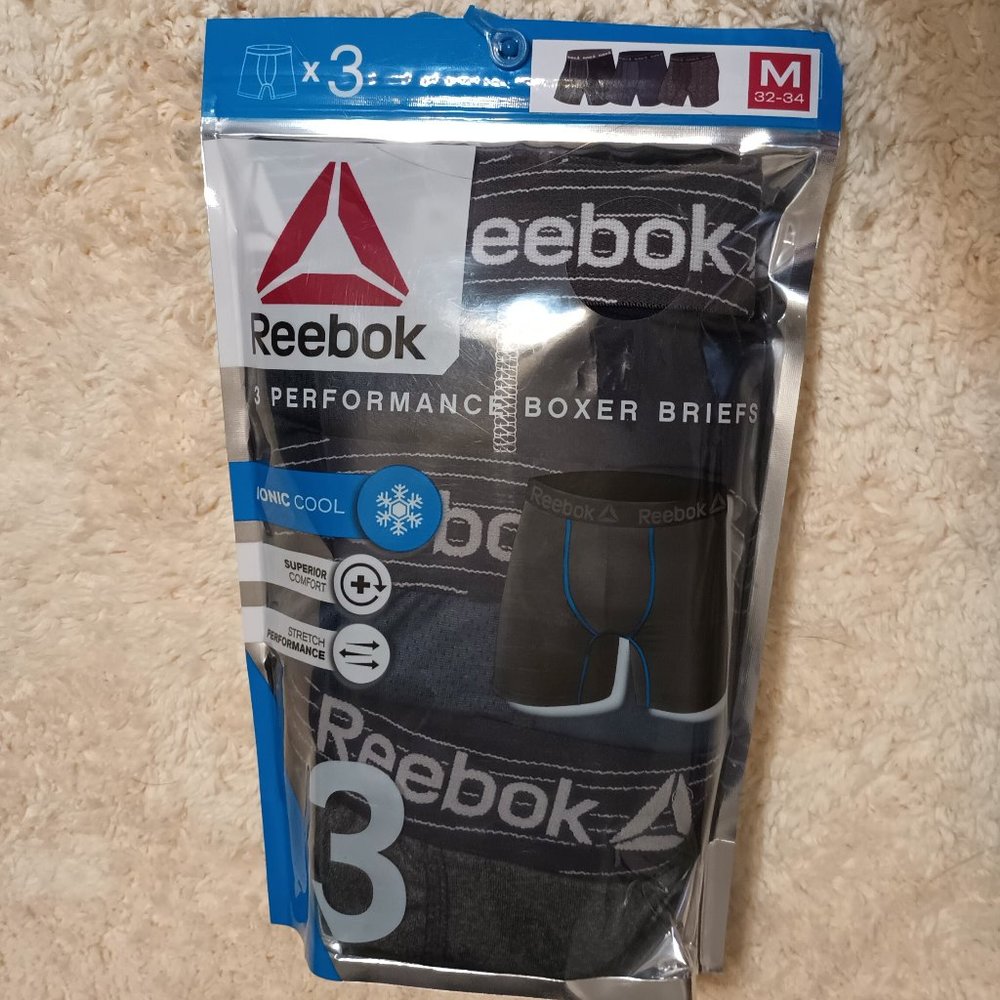 NWT ~Reebok Men's Underwear Performance Boxer Briefs, 3 Pack (Size: Med. 32-34)